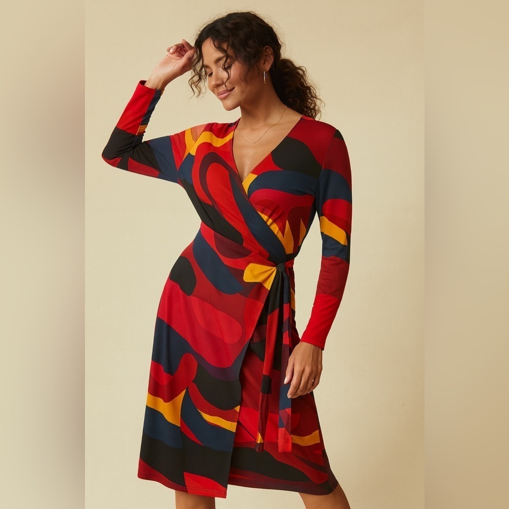 Anne Klein Wrap Dress Sz 10 Multicolor Abstract Long Sleeve V Neck Tie Waist